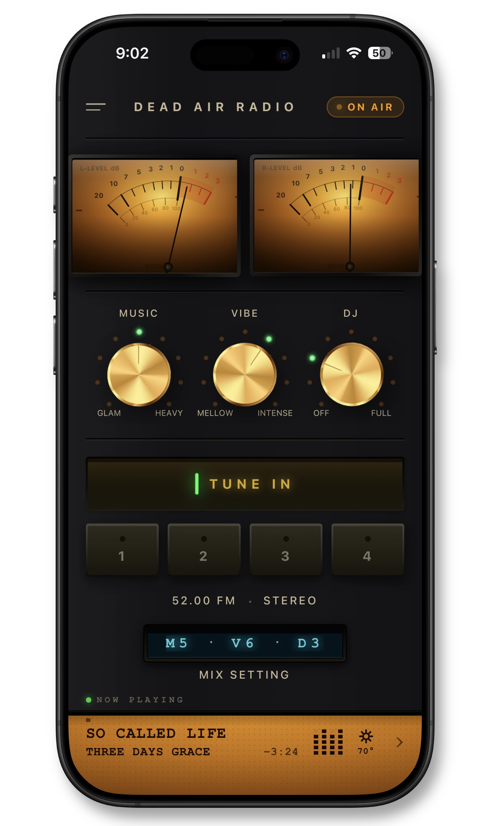 Dead Air app showing the three-dial interface with VU meters and analog controls